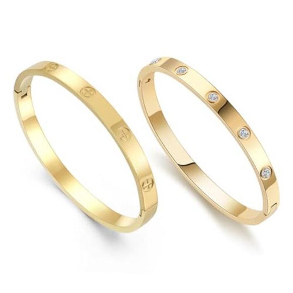 2Pack Gold Plated Friendship Bracelets Titanium Steel Cuff Love Bangle Set